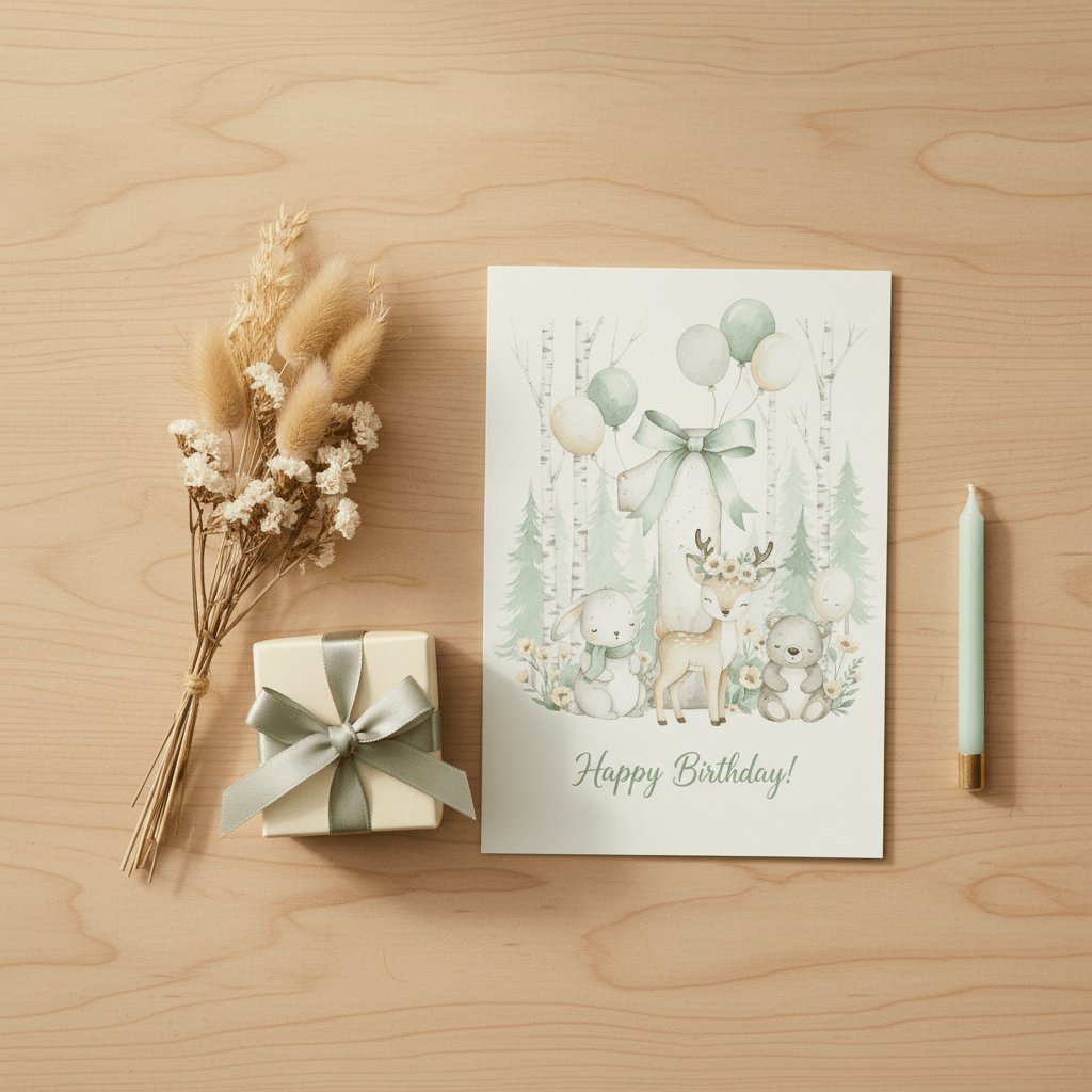 Happy Birthday Card Age 1 – Printable woodland animal card with sage green balloons, flat lay on wooden table