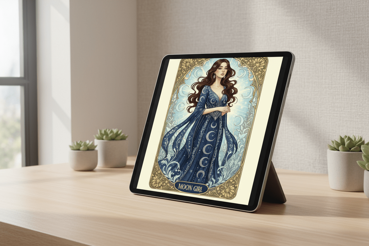 Moon Girl Art Nouveau card on iPad – printable Nordic greeting card
