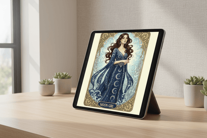 Moon Girl Art Nouveau card on iPad – printable Nordic greeting card