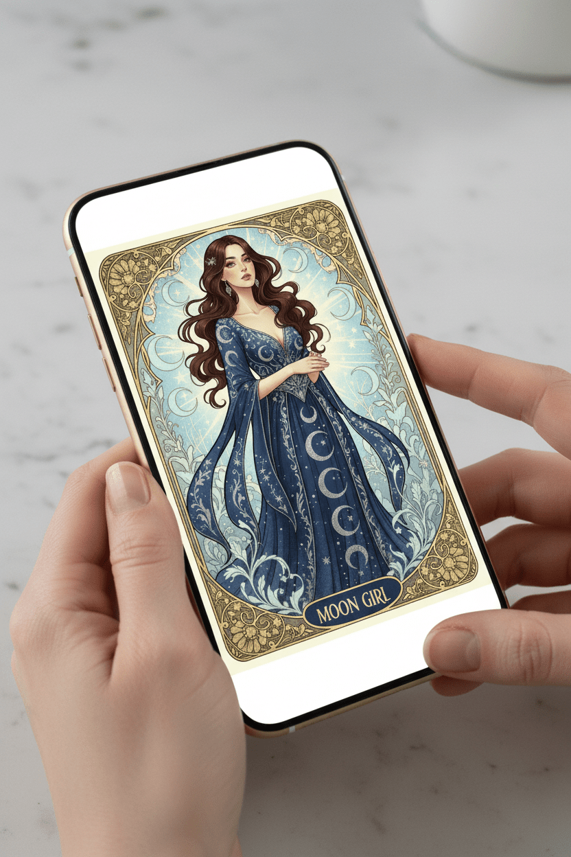 Moon Girl Art Nouveau card on iPhone – instant download digital greeting