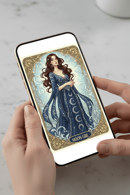 Moon Girl Art Nouveau card on iPhone – instant download digital greeting