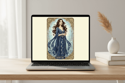 Moon Girl Art Nouveau card on MacBook – digital download greeting card