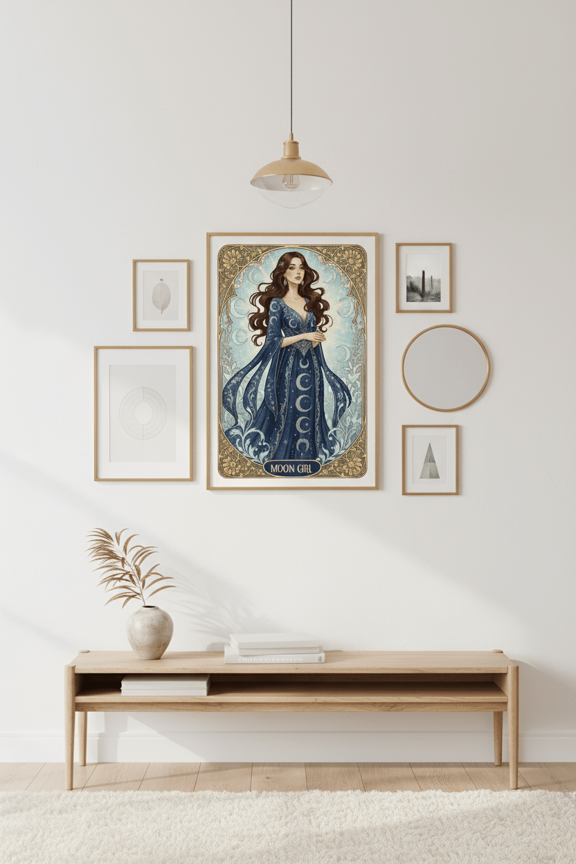 Moon Girl Art Nouveau card framed on wall – Scandinavian celestial art print