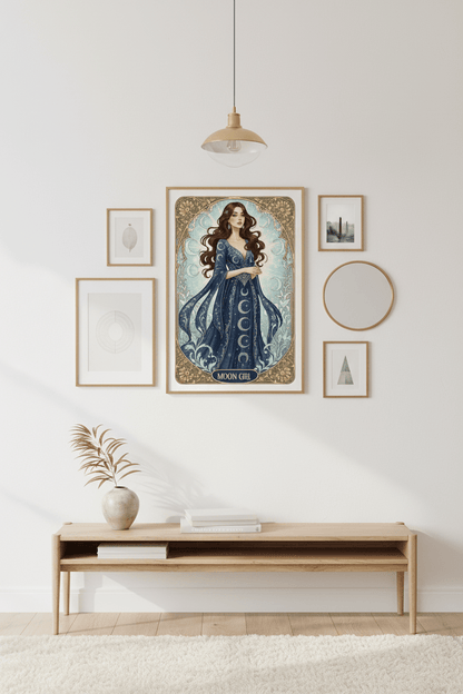 Moon Girl Art Nouveau card framed on wall – Scandinavian celestial art print