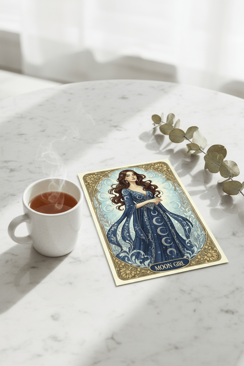 Moon Girl Art Nouveau digital greeting card – celestial Nordic illustration with floral details