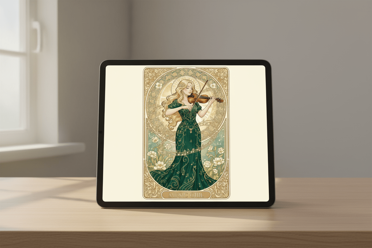 Music Girl Art Nouveau card on iPad – printable Nordic greeting card