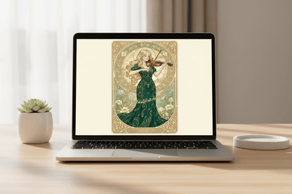 Music Girl Art Nouveau card on MacBook – digital download greeting card