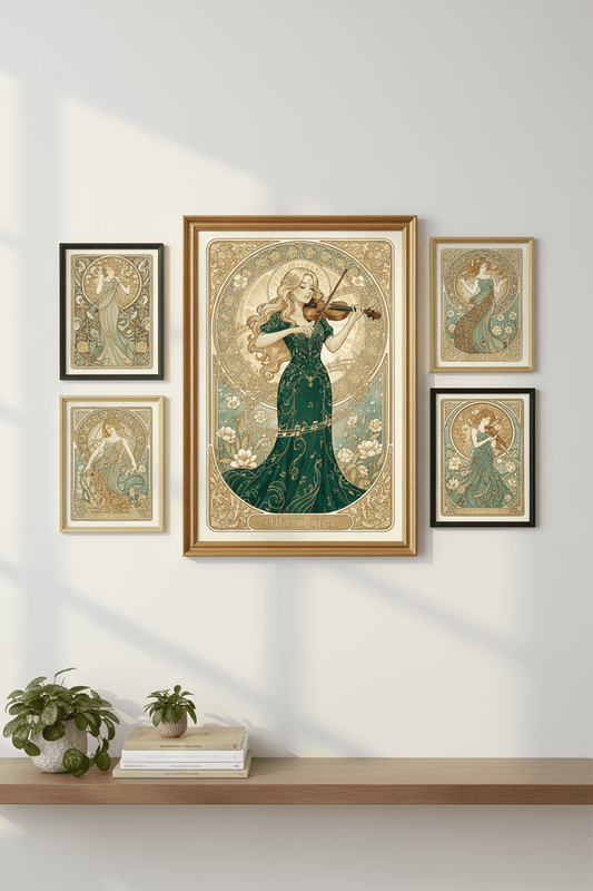 Music Girl Art Nouveau card framed on wall – Scandinavian art print