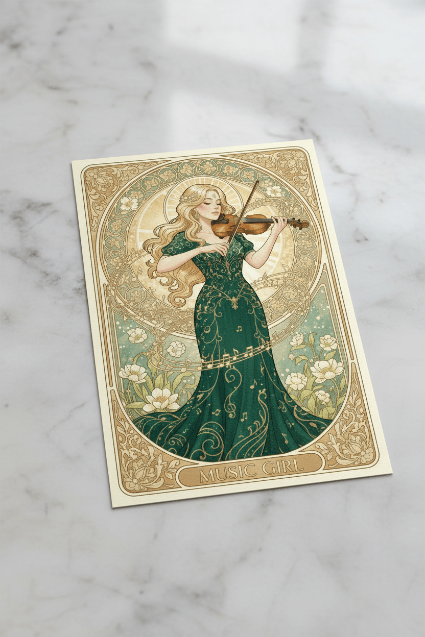Music Girl Art Nouveau digital greeting card – elegant Nordic illustration with marble table