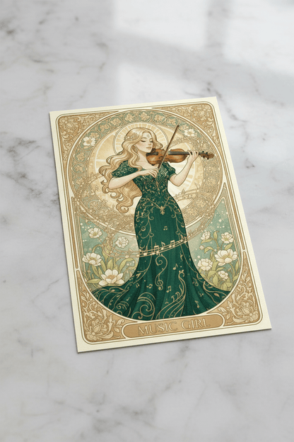 Music Girl Art Nouveau digital greeting card – elegant Nordic illustration with marble table