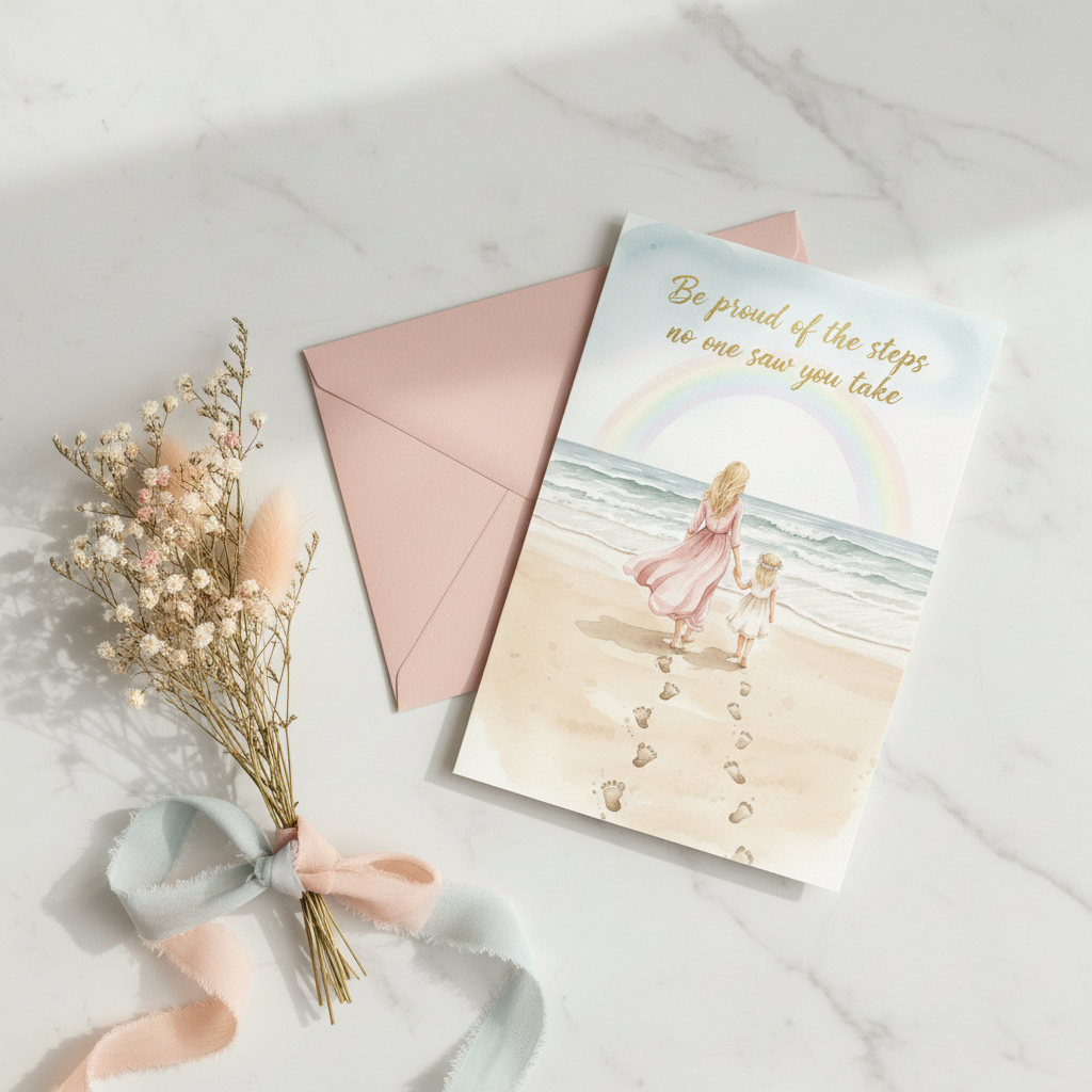 Be Proud of the Steps card printed as postcard with pink envelope and dried flowers - flat lay styling on marble surface