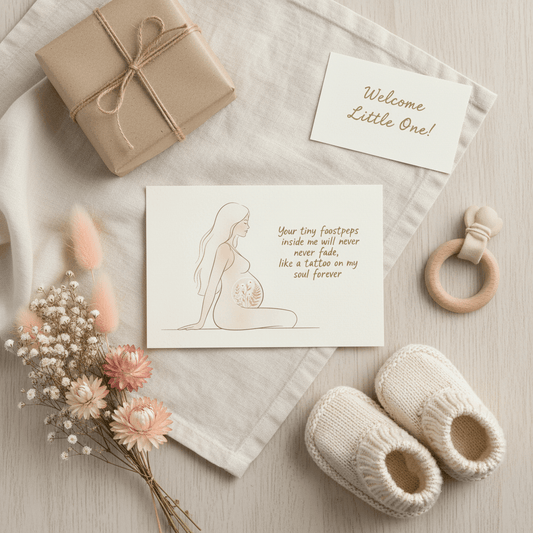 Pregnancy card footsteps like a tattoo - baby shower gift with heartfelt mother-baby bond message