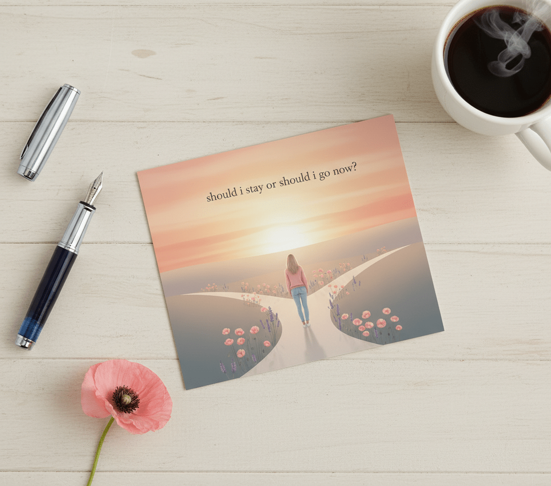 Printed postcard on table flatlay with Nordic minimalist design and life decision quote