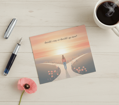 Printed postcard on table flatlay with Nordic minimalist design and life decision quote