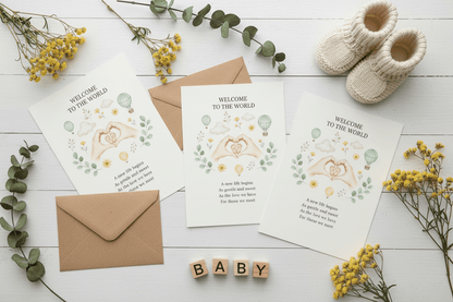 Printed newborn postcards flat lay on neutral background - Nordic baby announcement cards