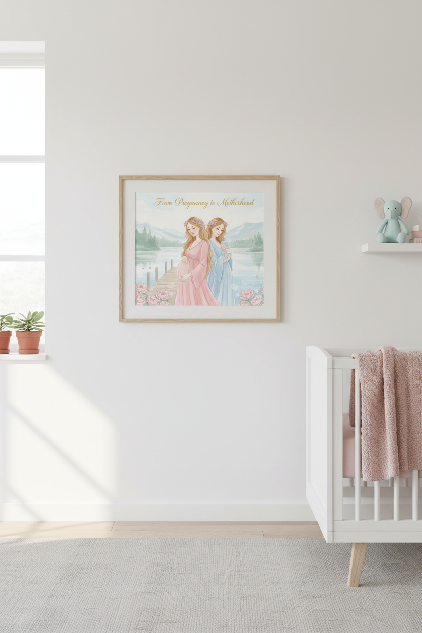 From Pregnancy to Motherhood framed art print hanging on white wall in Scandinavian nursery with white crib, featuring pregnant woman and new mother by serene lake