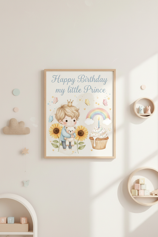 Prince birthday card framed on wall - charming birthday greeting for little boys
