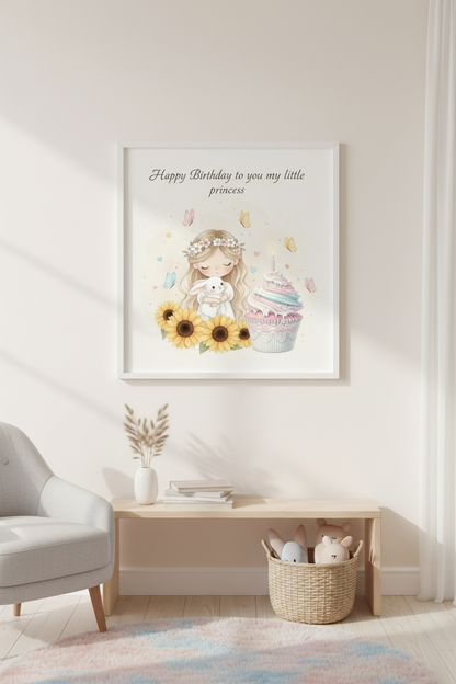 Birthday princess card framed on nursery wall - enchanting watercolor birthday art