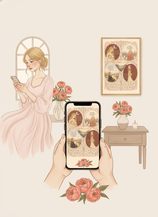 Self-care circle card customer journey - 5 affirmations in circular Nordic design