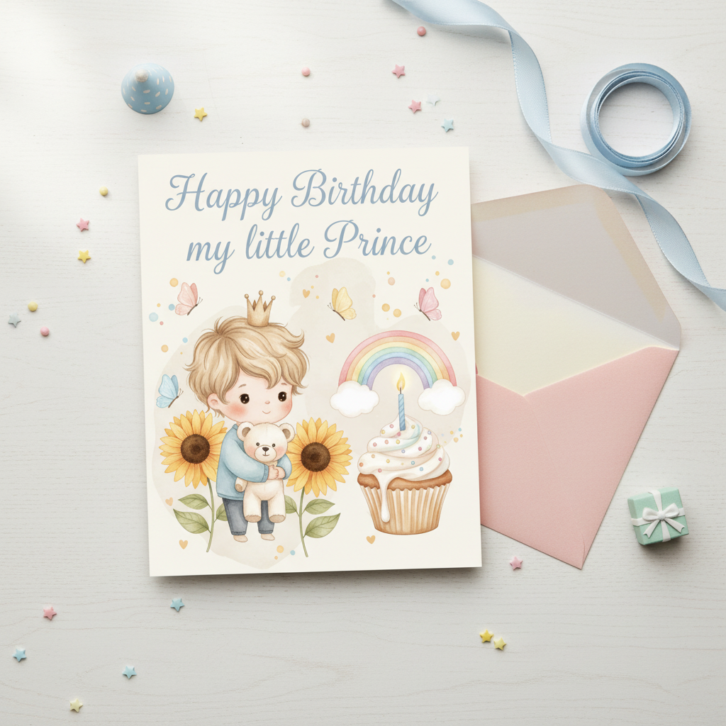 Happy birthday prince card printed - watercolor blonde prince with teddy bear and rainbow