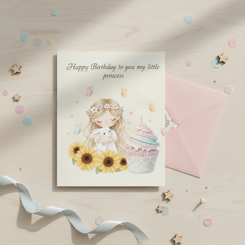 Happy birthday princess card printed version - watercolor blonde princess with bunny and sunflowers