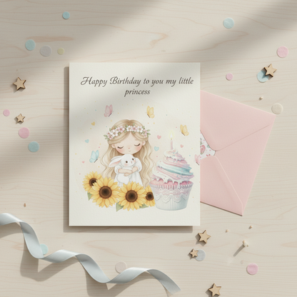 Happy birthday princess card printed version - watercolor blonde princess with bunny and sunflowers