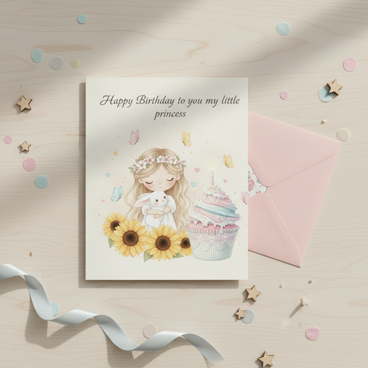Happy birthday princess card printed version - watercolor blonde princess with bunny and sunflowers
