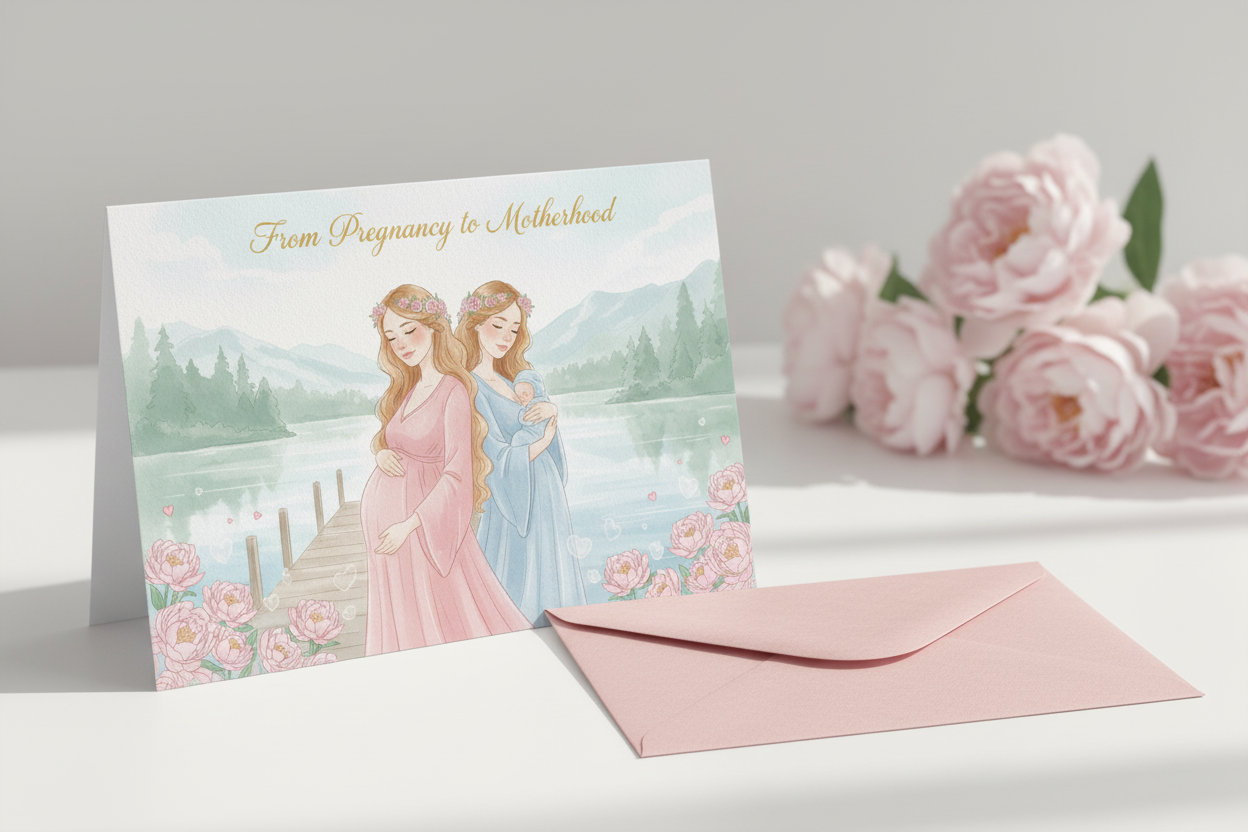 From Pregnancy to Motherhood greeting card mockup displayed as a physical card on white surface with soft pink envelope and delicate peony flowers, Nordic minimalist style
