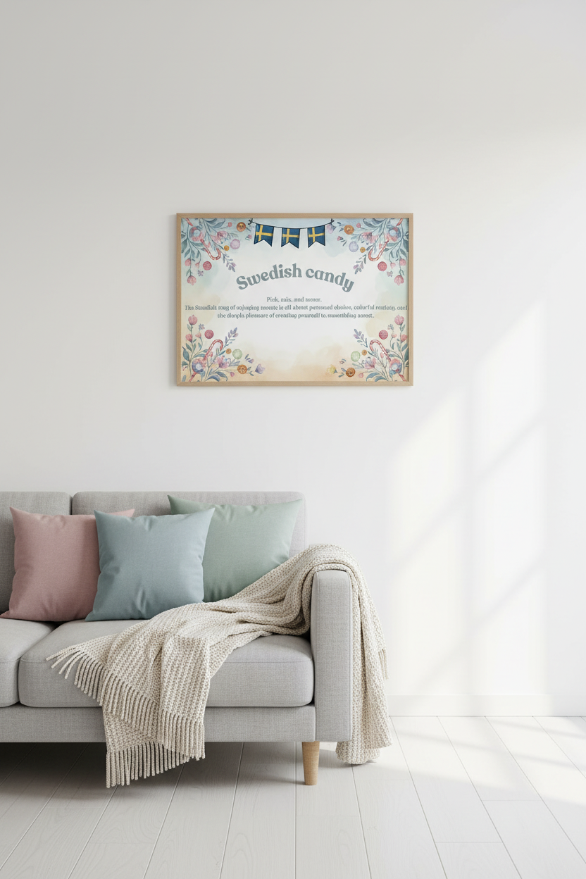 Swedish candy wall art in Nordic living room with Swedish flags and pastel watercolor - Scandinavian poster print