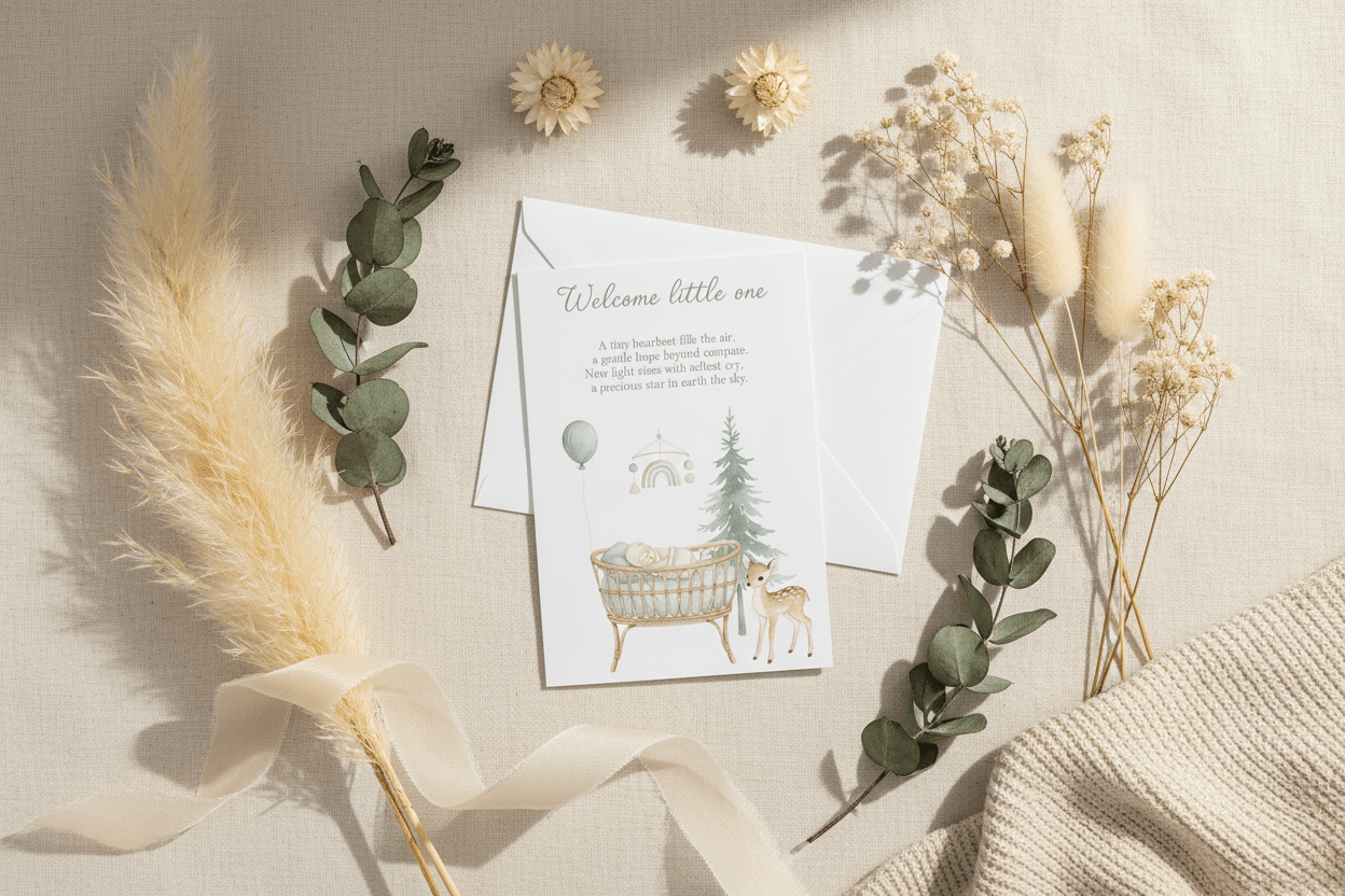 Welcome little one newborn card with envelope on neutral background - Nordic baby announcement