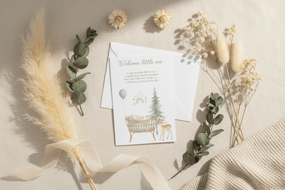 Welcome little one newborn card with envelope on neutral background - Nordic baby announcement