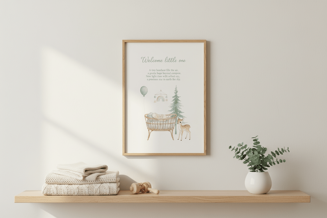 Welcome little one card framed on nursery wall above white crib - minimalist baby decor