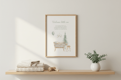 Welcome little one card framed on nursery wall above white crib - minimalist baby decor