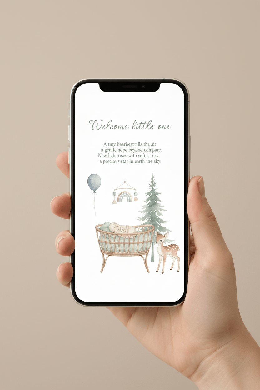 Digital newborn card displayed on mobile phone in soft pastel nursery setting