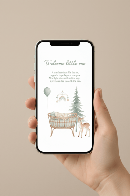 Digital newborn card displayed on mobile phone in soft pastel nursery setting