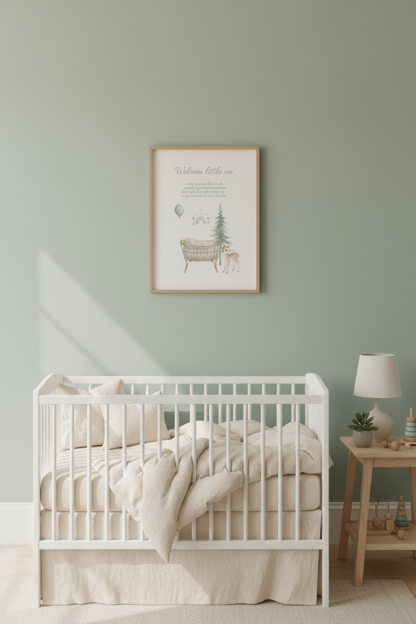 Newborn announcement card in peaceful nursery with soft toys and pastel colors