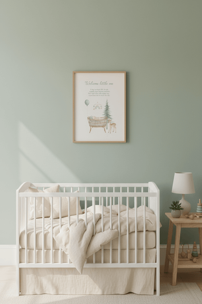 Newborn announcement card in peaceful nursery with soft toys and pastel colors