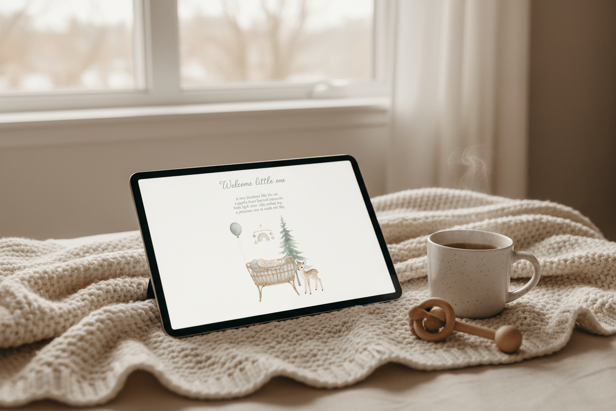 Welcome little one baby card shown on tablet with Nordic design - instant download greeting