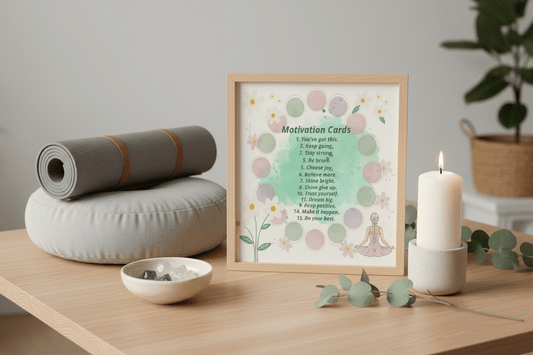 Motivation cards bundle on wellness table with candles and plants - Nordic daily inspiration set