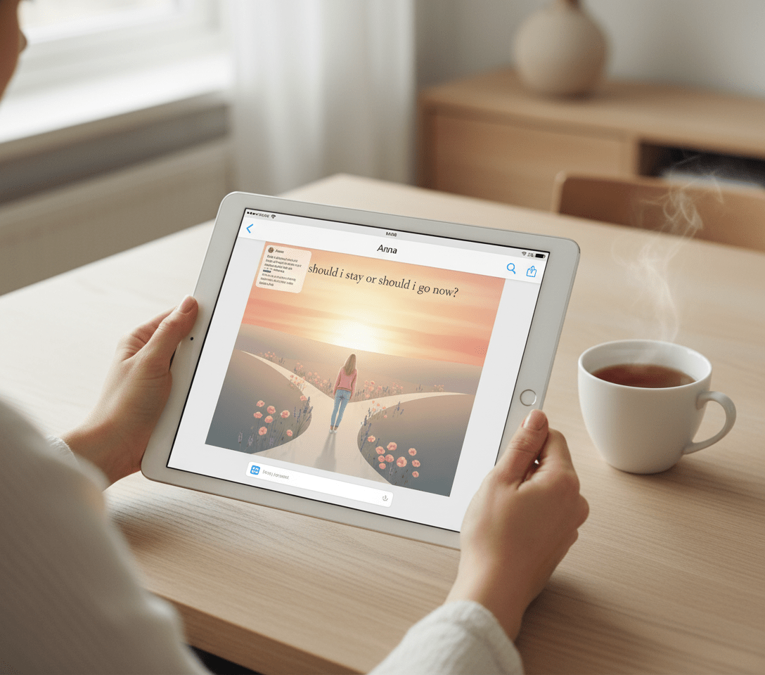 Woman sharing motivational card on iPad - digital greeting card lifestyle mockup