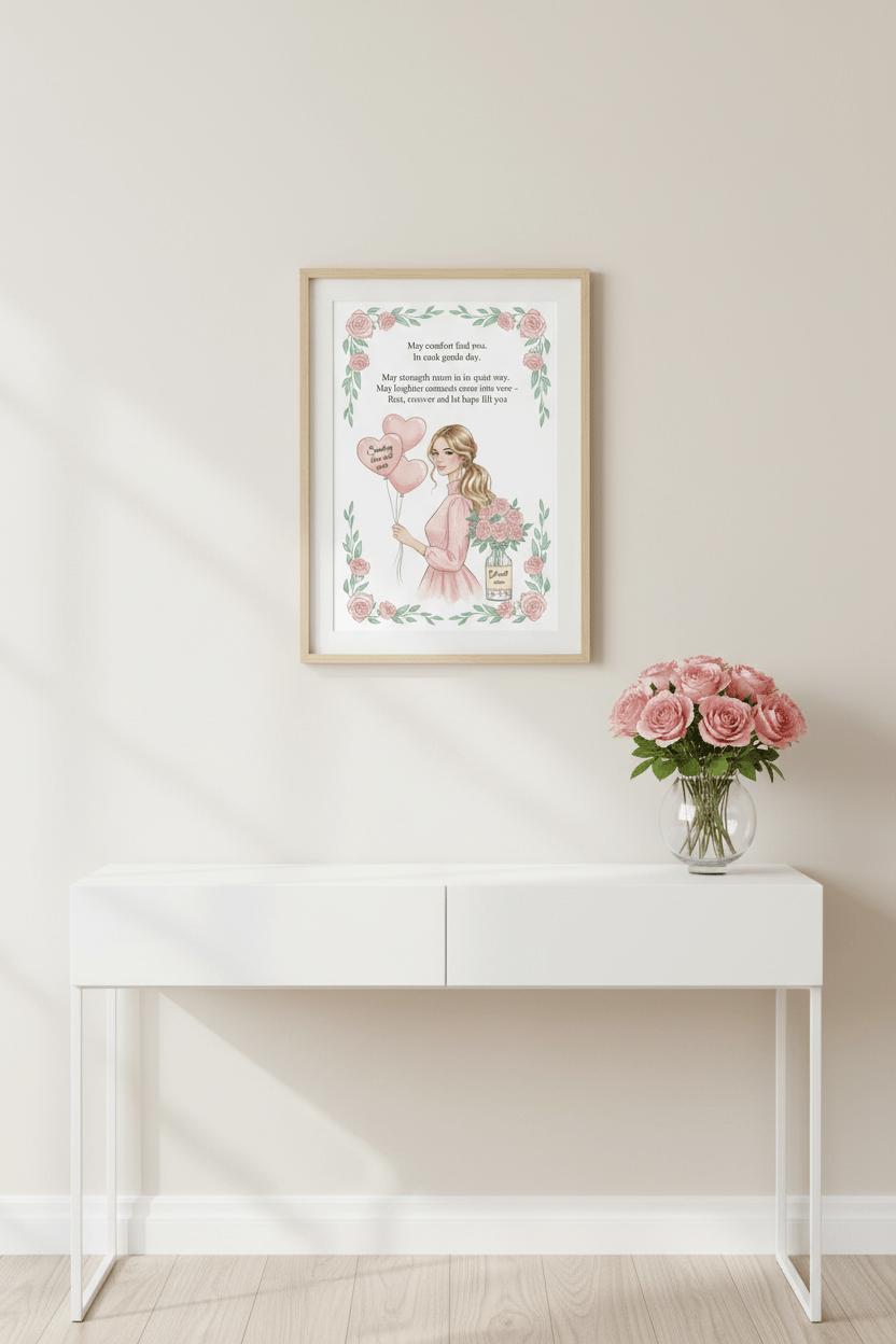 Get well soon greeting framed on wall in calming Nordic interior