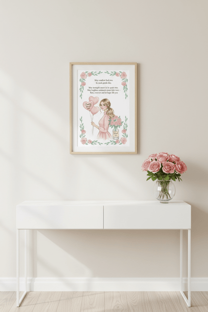 Get well soon greeting framed on wall in calming Nordic interior