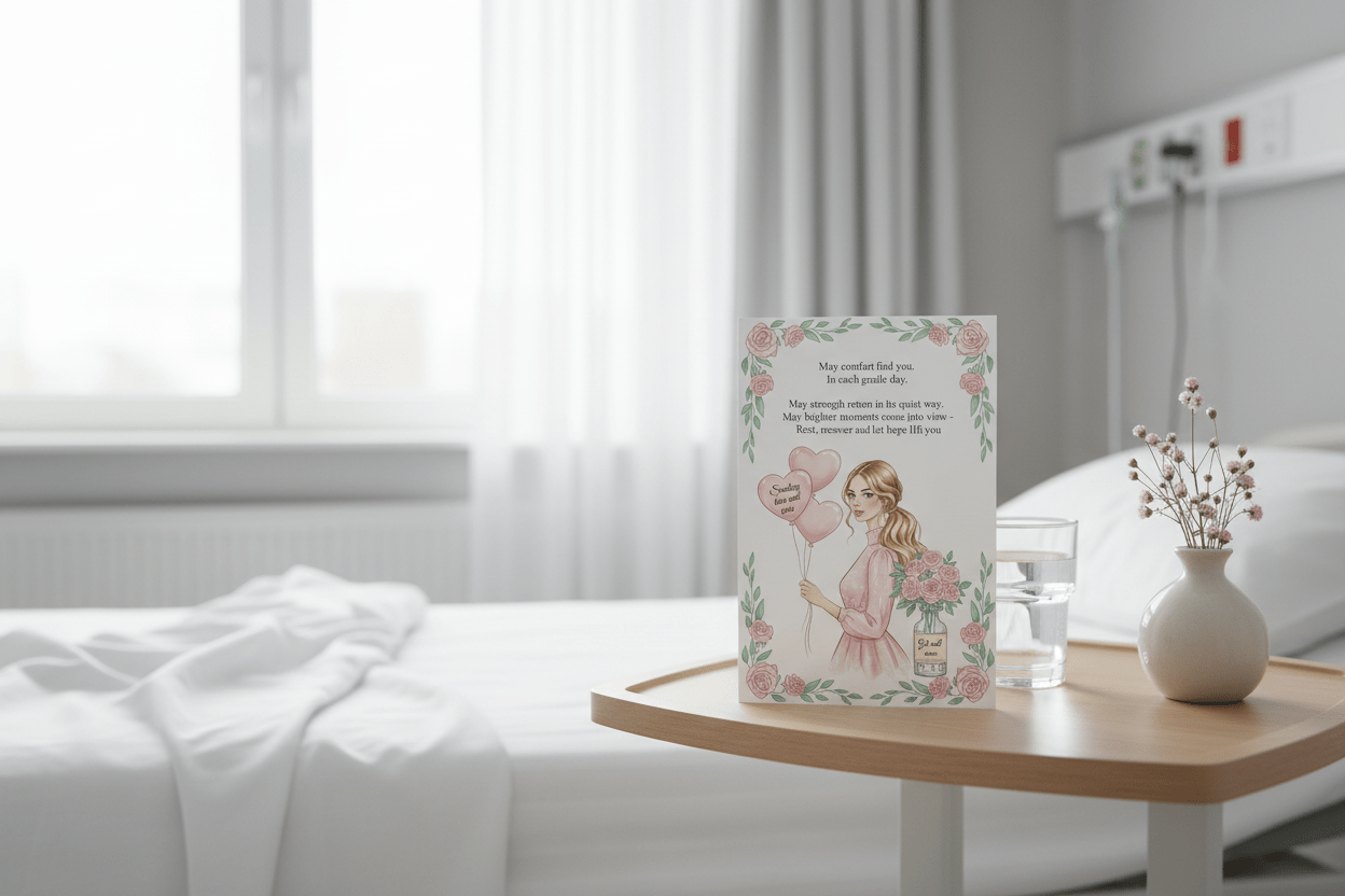 Get well soon card displayed in hospital room setting - thoughtful recovery greeting