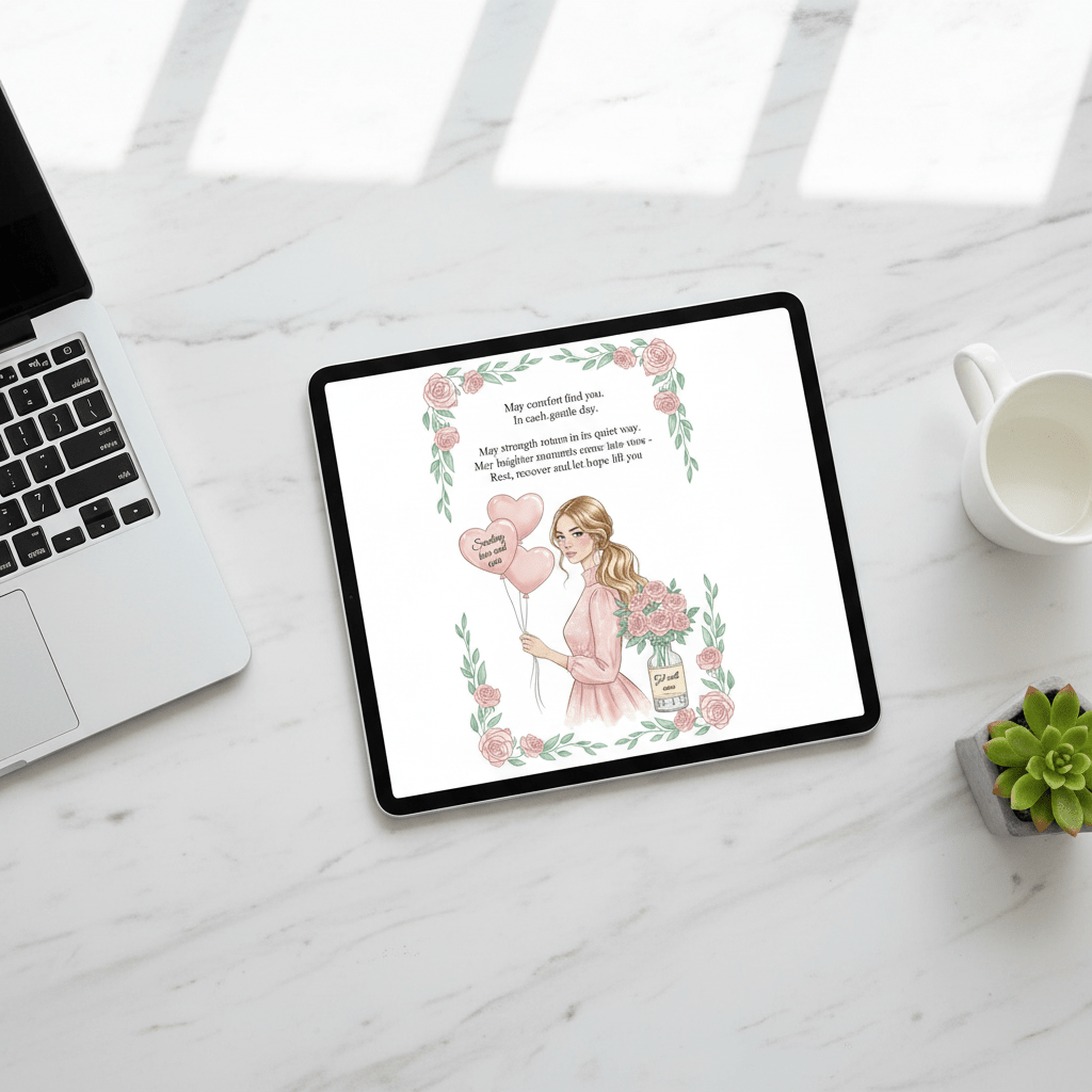 Healing wishes card displayed on iPad setup with wellness theme
