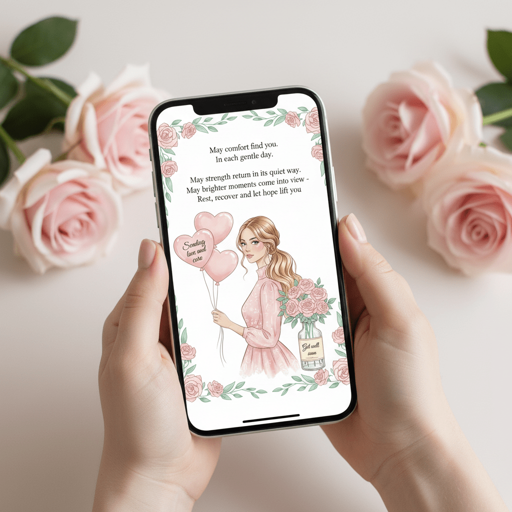 Digital get well card shown on iPhone - instant healing wishes delivery