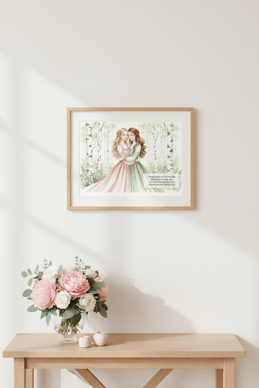 Friendship poem card framed on wall - two women embracing in birch forest Nordic illustration