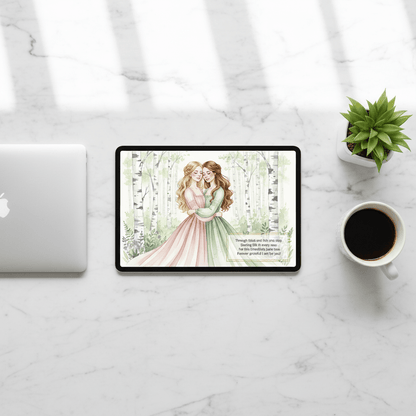 Best friend card displayed on iPad setup - heartfelt friendship poem with watercolor forest